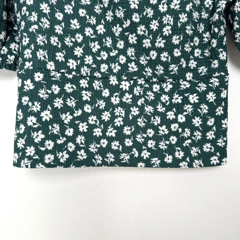 Free People Daisy Chain Top Forest Green Floral Puff Sleeve Square Neck XS